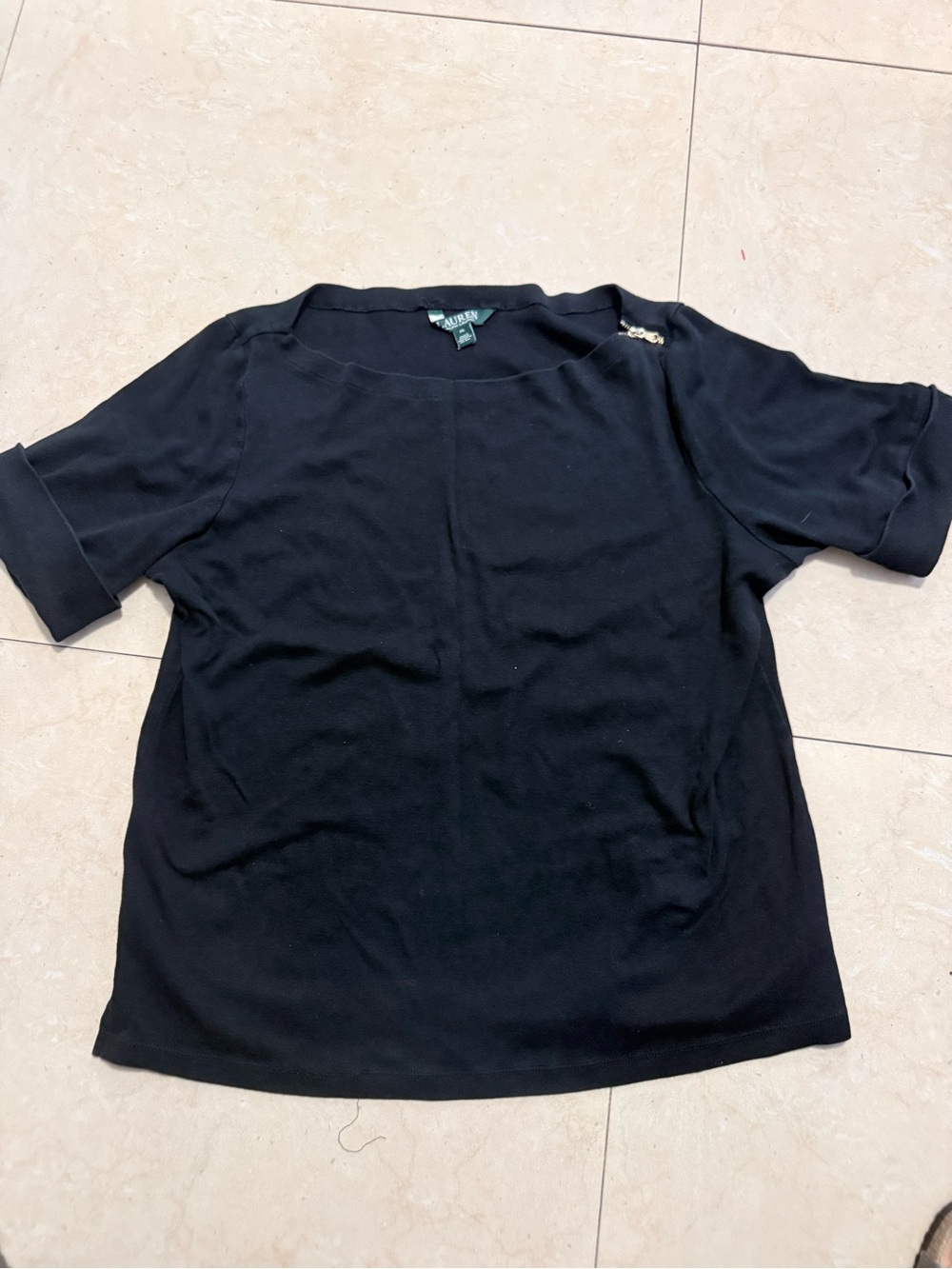 Lauren Ralph Lauren Black Short Sleeve Knit Top with Shoulder Accent